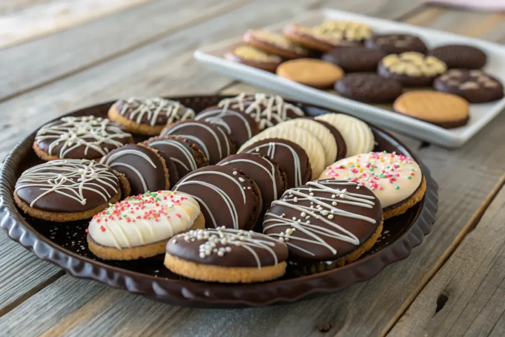 Chocolate-dipped cookies on a cooling rack with colorful toppings.