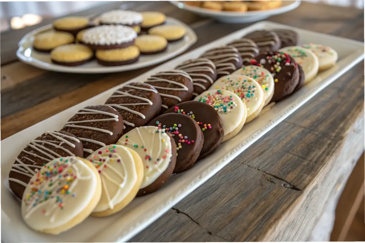 A platter of chocolate-dipped cookies with sprinkles and drizzled designs.