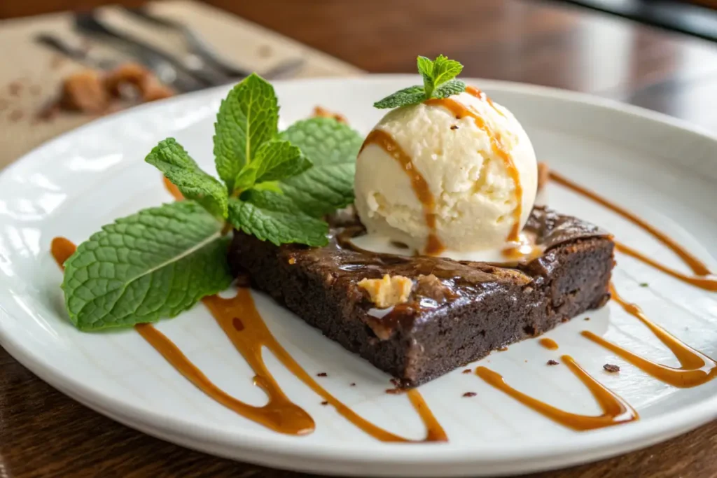  Chewy brownie served with ice cream and caramel drizzle.