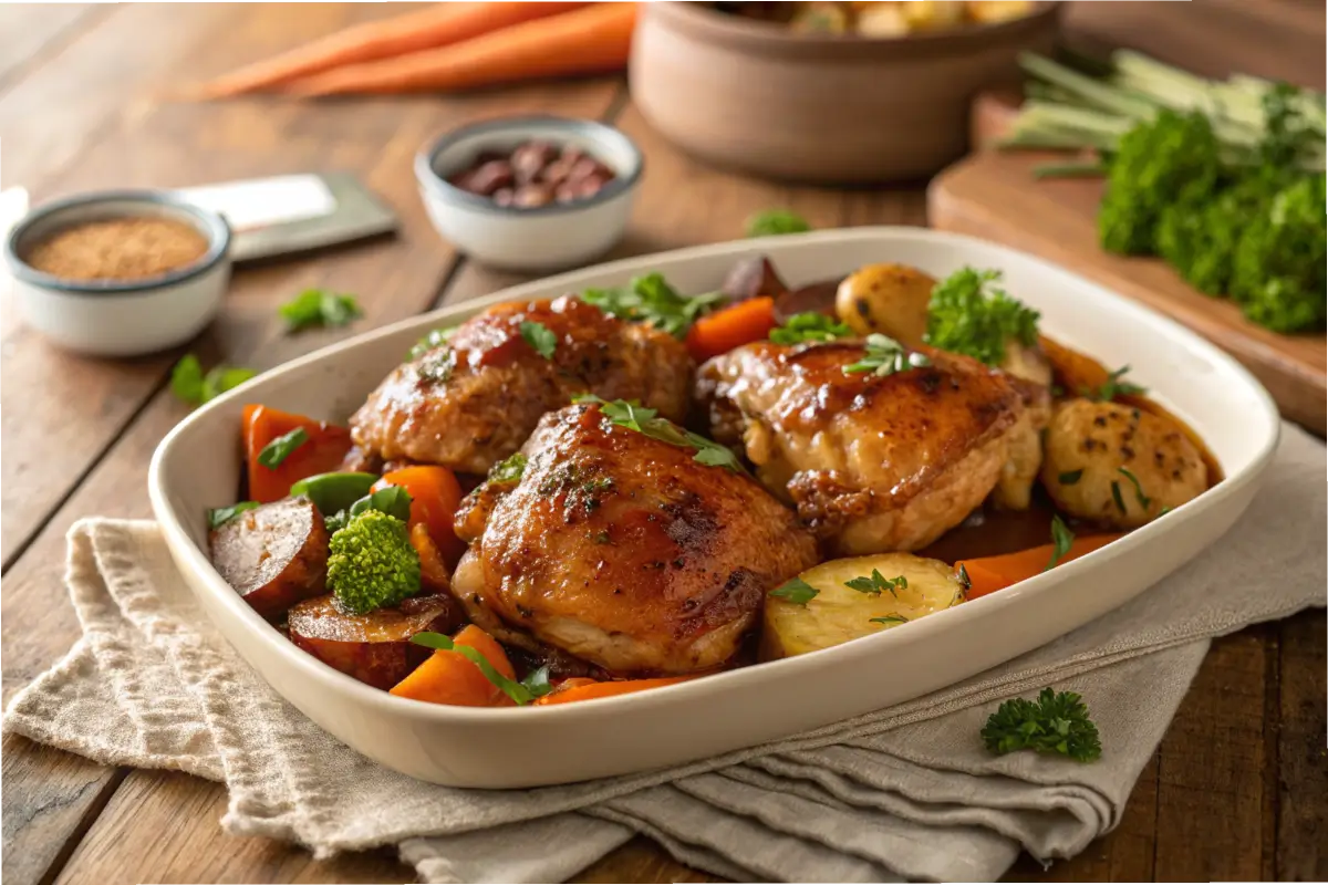 Juicy chicken thighs with savory glaze and roasted vegetables