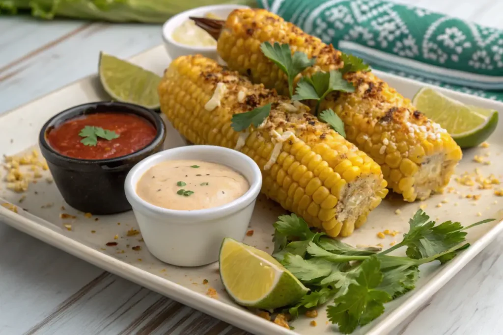 Plated Deep-Fried Corn with Dipping Sauces