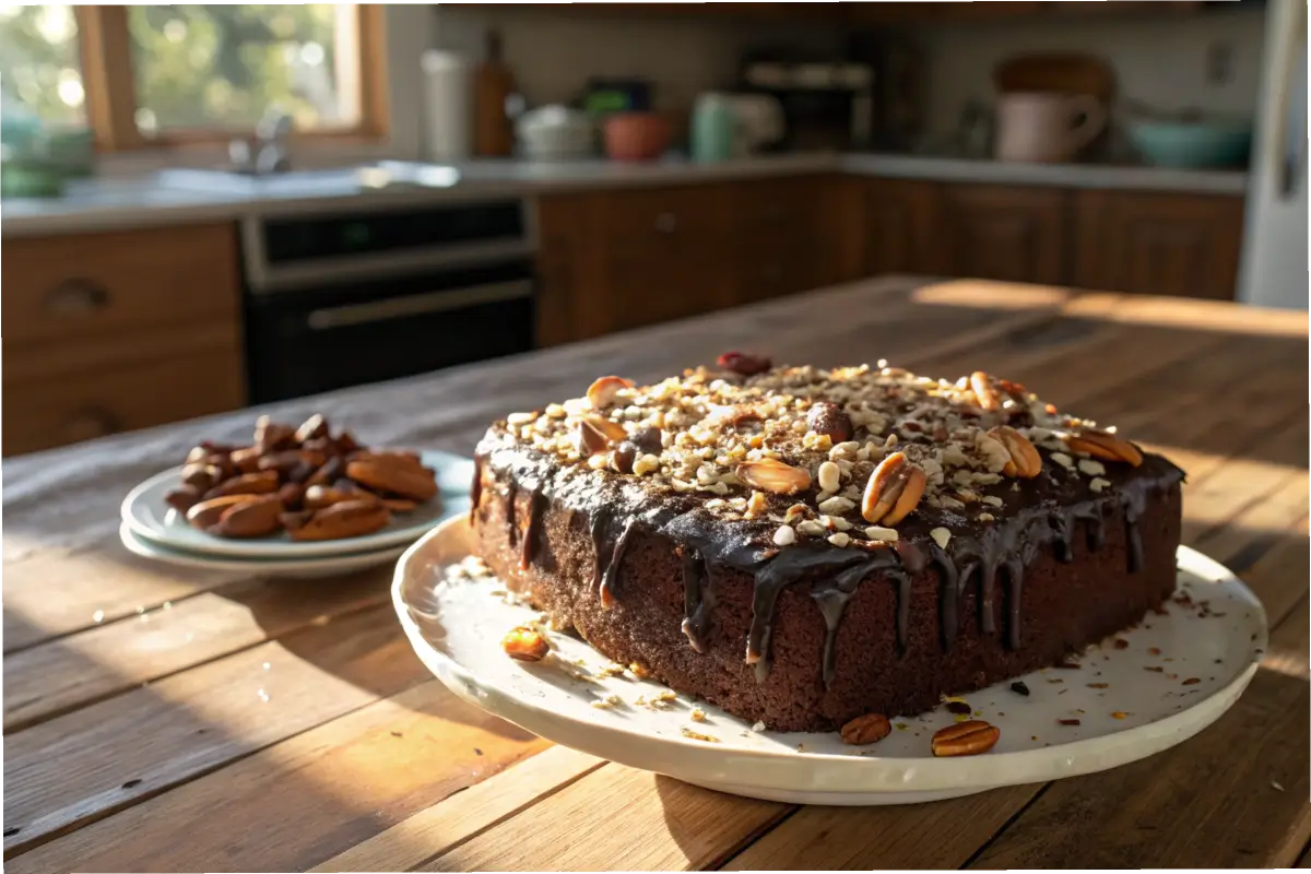 German Chocolate Poke Cake on a rustic wooden table.