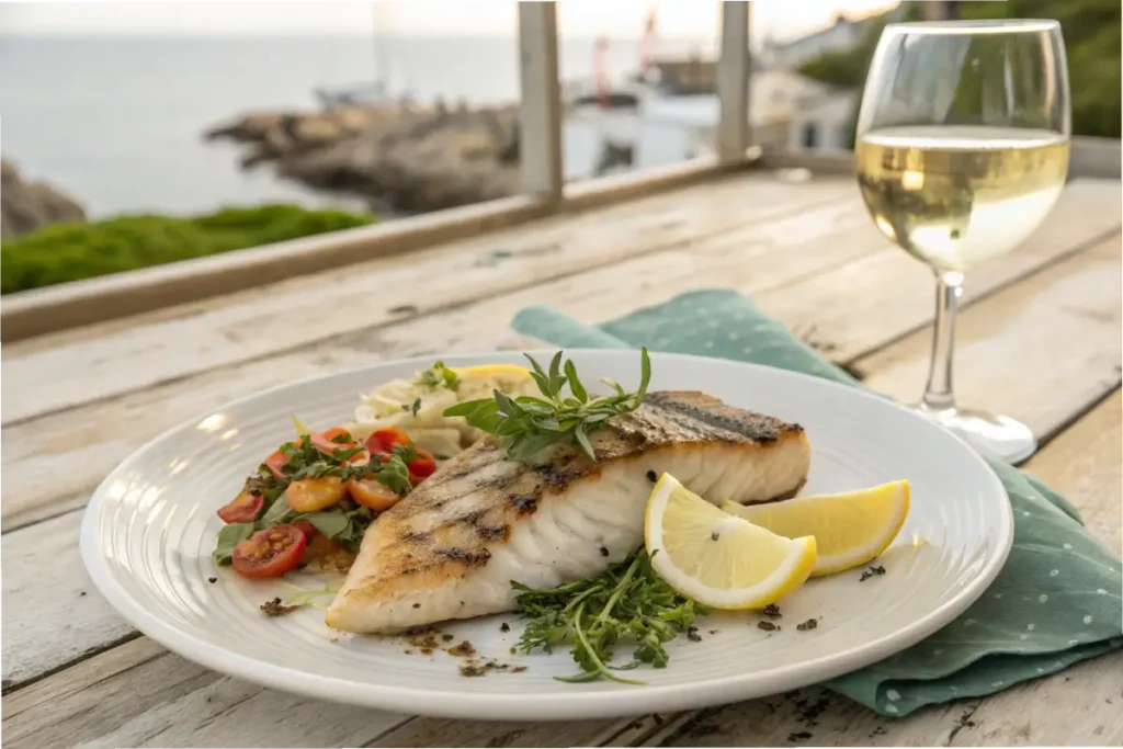 Grilled rockfish filet with herbs and lemon.