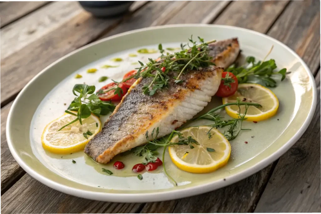 Crispy-skinned rockfish served with lemon and herbs.