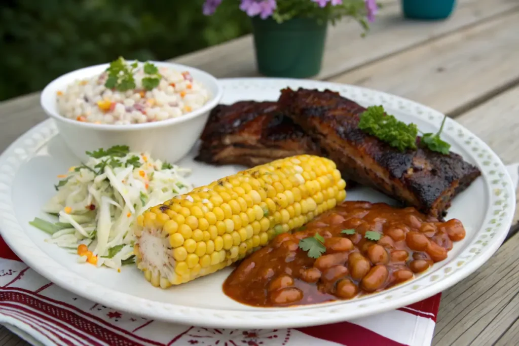 Fried corn on the cob served with BBQ ribs and sides