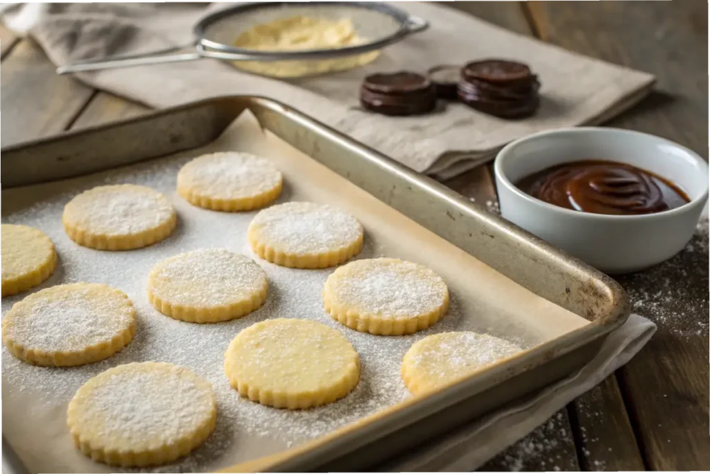 Perfectly baked shortbread cookies on a tray with powdered sugar