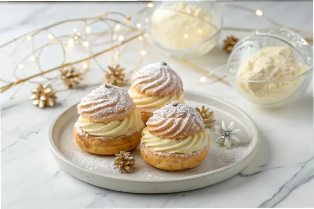 A plate of frosty cream puffs on a marble countertop.