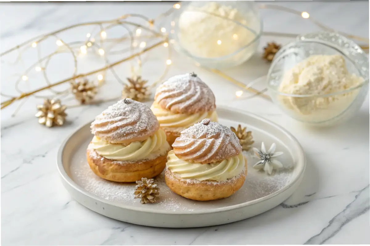 A plate of frosty cream puffs on a marble countertop.