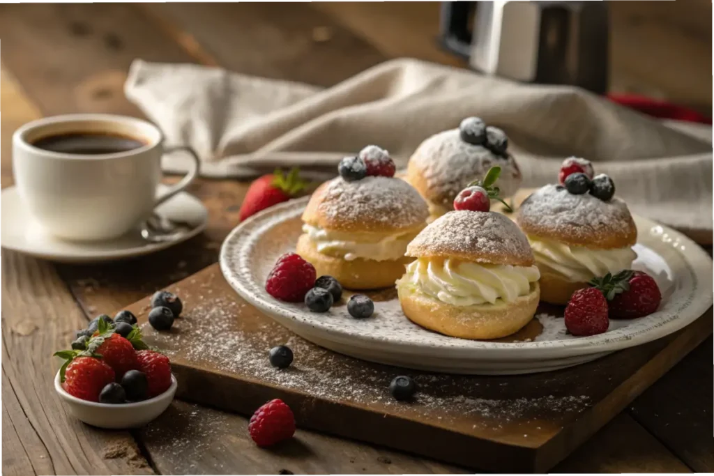 Plate of frozen cream puffs with powdered sugar and berries