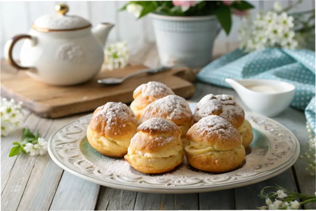 Plate of golden-brown cream puffs dusted with powdered sugar on a rustic table.