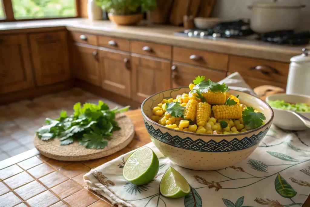 Delicious bowl of fried corn garnished with fresh herbs