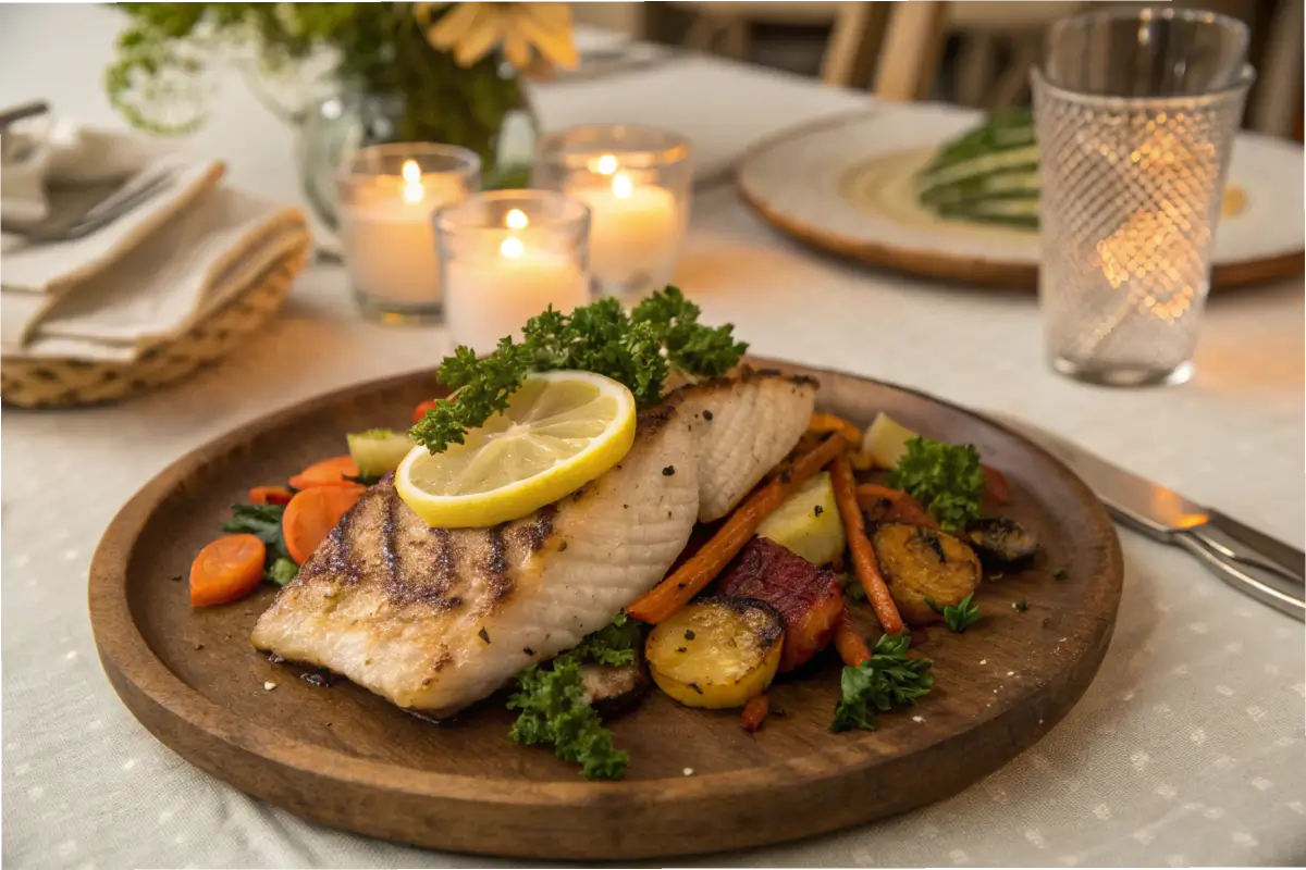 Grilled rockfish fillet with roasted vegetables and wine.