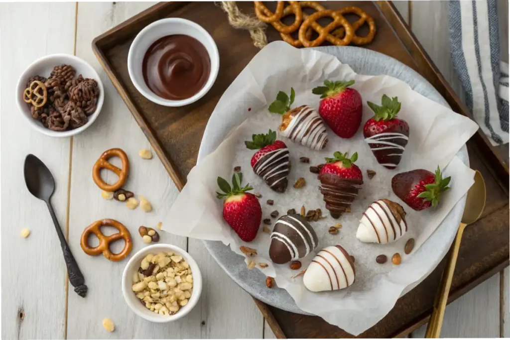 Platter with chocolate-dipped strawberries, pretzels, and nuts.