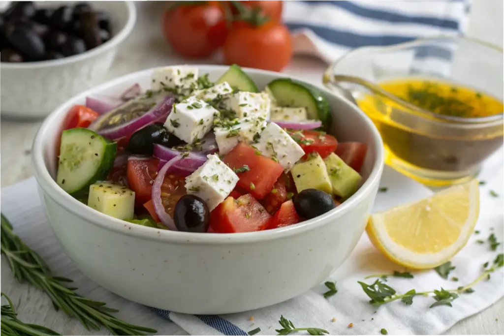 Greek salad with tomatoes, cucumbers, feta, and olive oil.