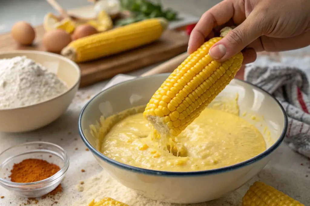 Fresh corn on the cob being dipped in batter