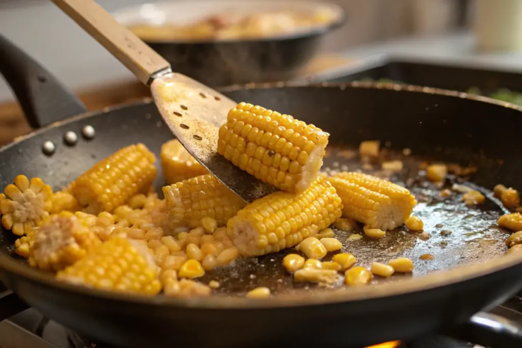 Skillet frying corn kernels with a spatula