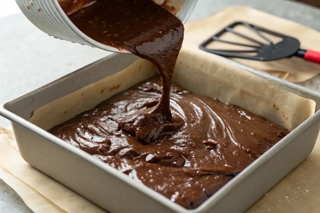 Glossy brownie batter for fudgy brownies being poured into a pan.