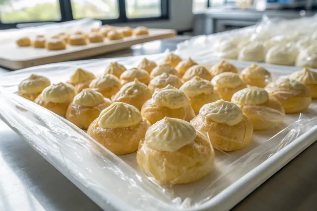 Cream puffs on a white tray covered with plastic wrap in the thawing process.