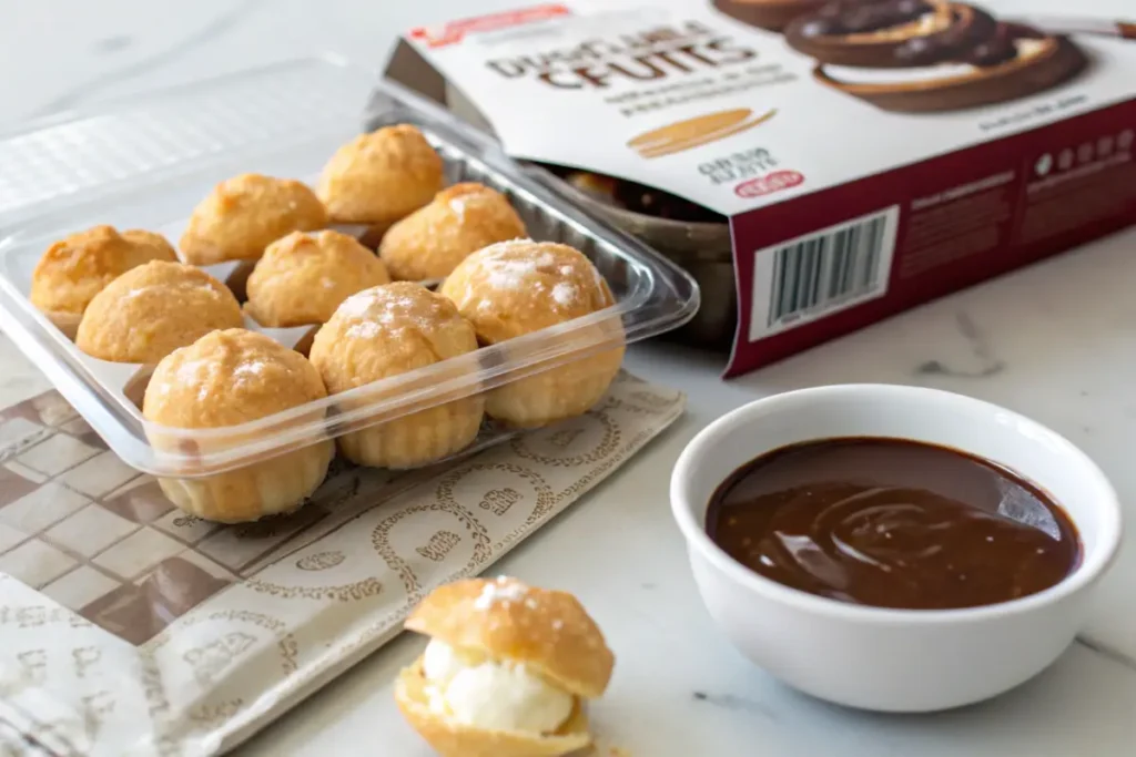 Delizza Mini Cream Puffs in Costco packaging with chocolate dipping sauce.