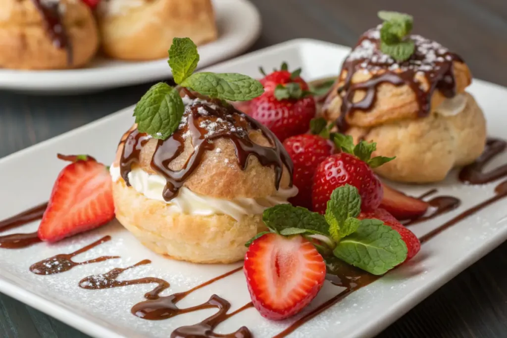 Frozen cream puffs with chocolate drizzle and strawberries