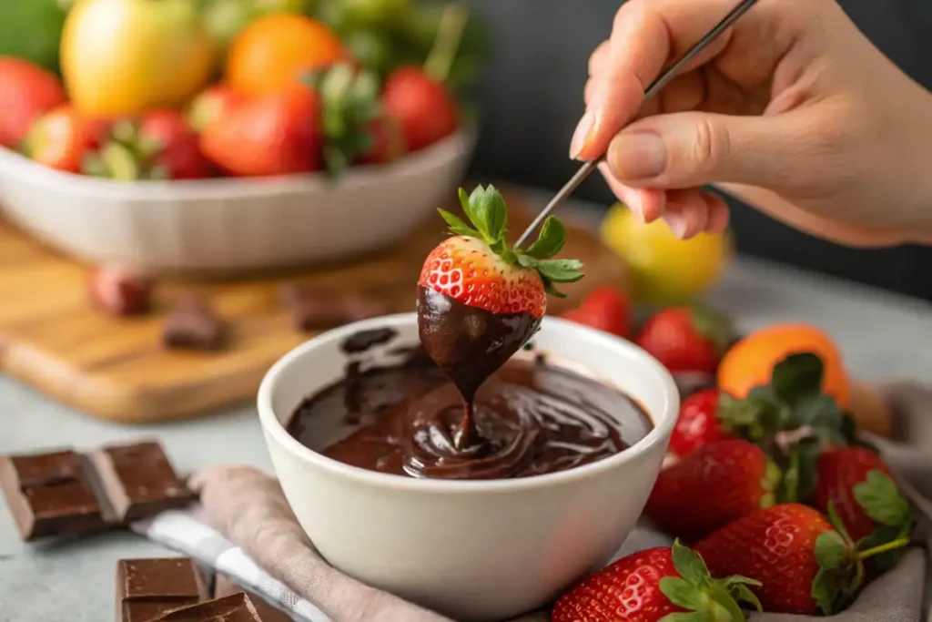 Strawberry being dipped into melted dark chocolate.