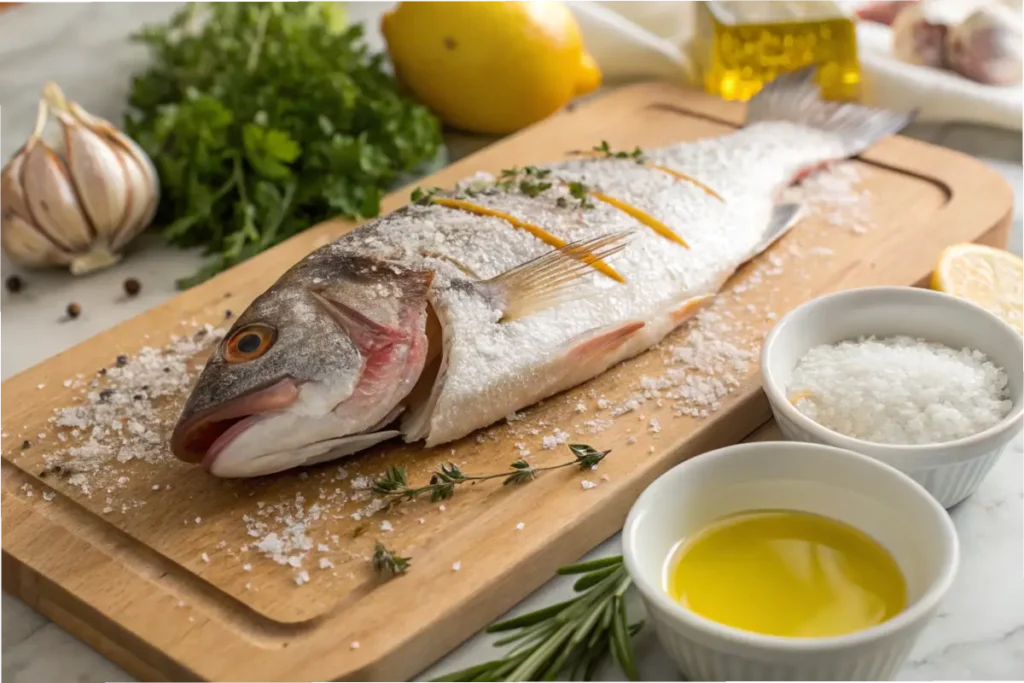 Preparing rockfish with fresh ingredients in the kitchen