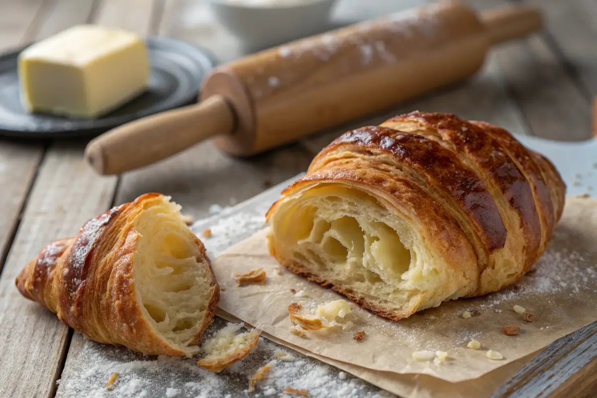 Golden-brown croissant with visible flaky layers on a wooden table