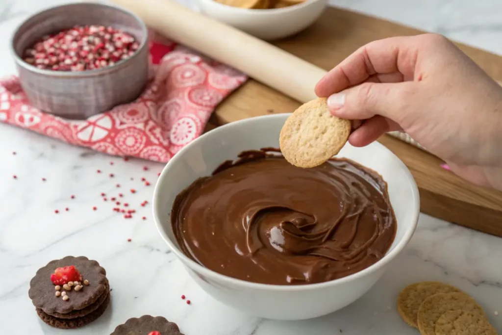 A cookie being dipped into melted chocolate by hand.