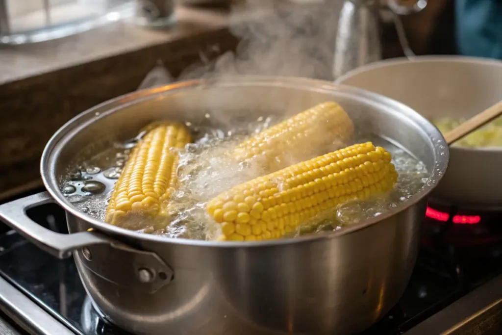 Corn being boiled in a pot of water