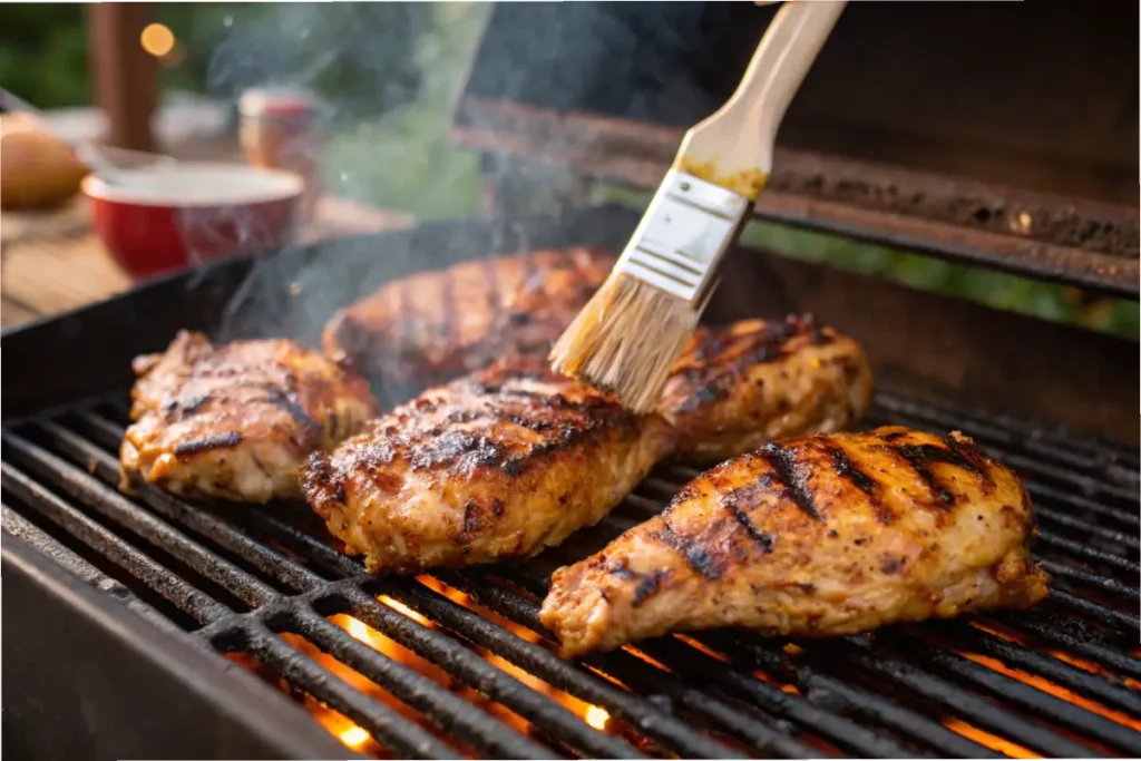 Chicken thighs being glazed on the grill