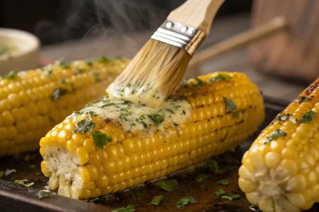 Brushing butter on corn on the cob.