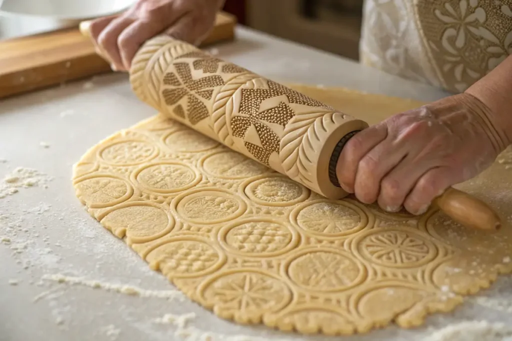 Rolling out shortbread dough with an embossed rolling pin