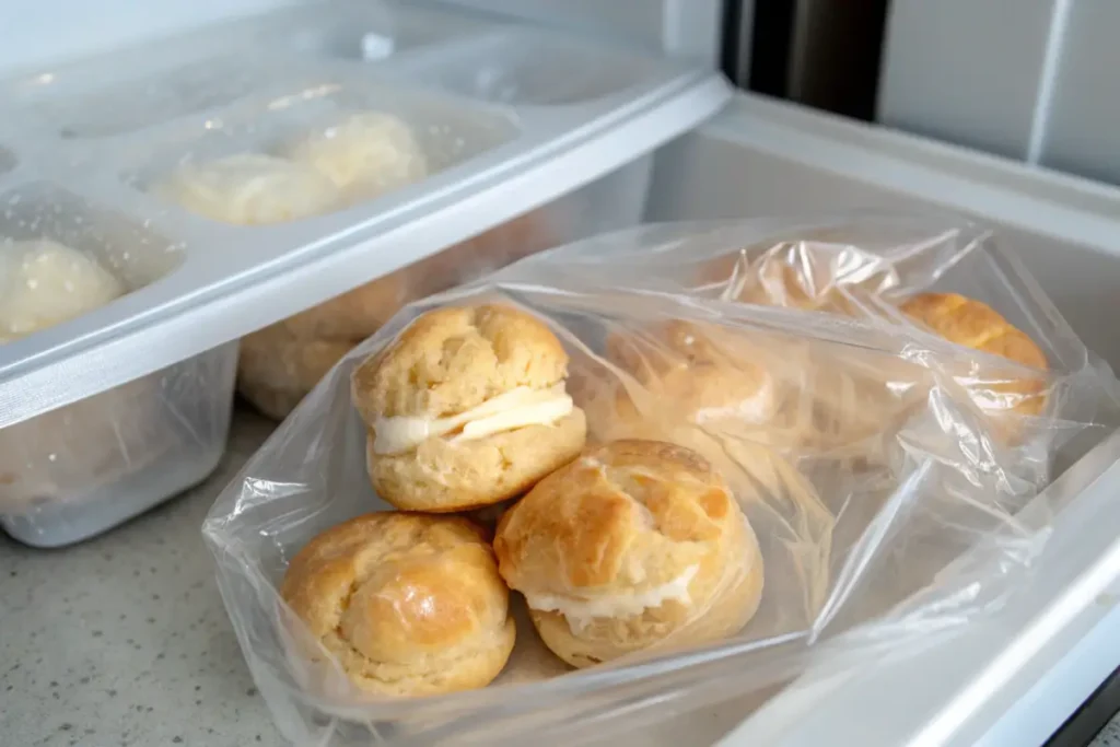 Cream puffs being wrapped and stored in freezer bags.