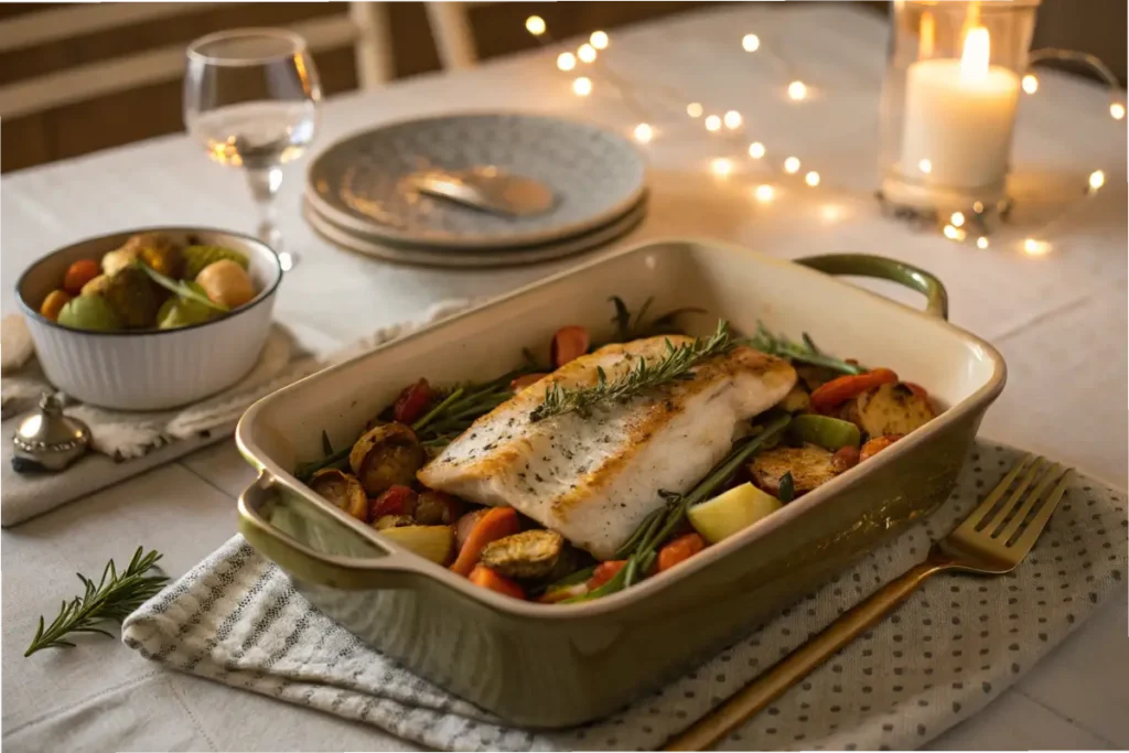 Baked rockfish with roasted vegetables.