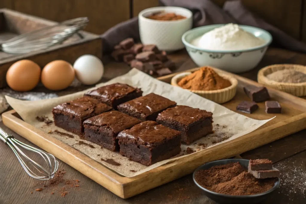 Freshly baked brownies with varying textures on a rustic tray