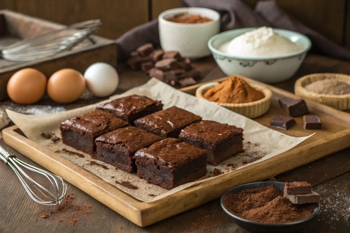 Freshly baked brownies with varying textures on a rustic tray