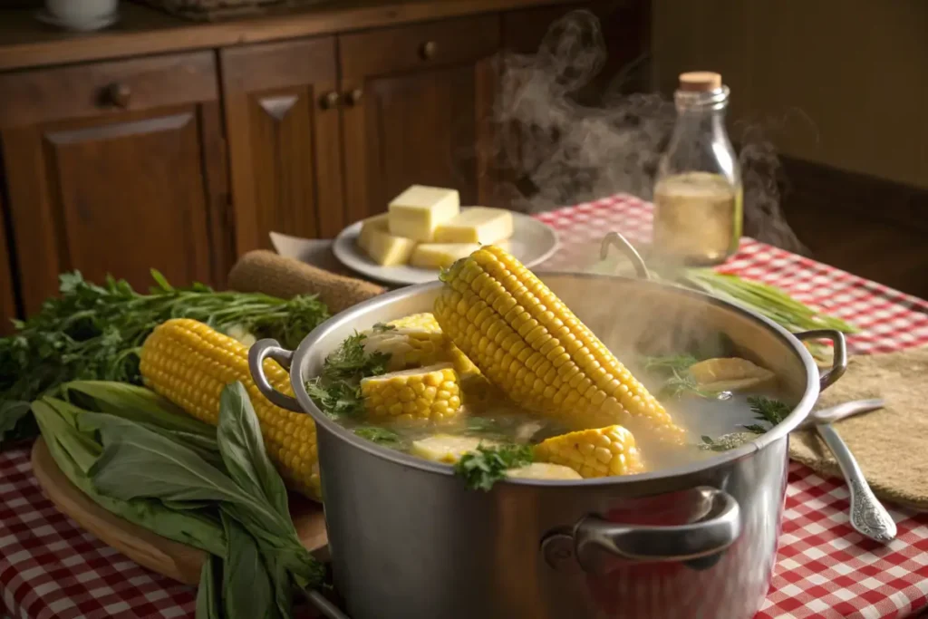 Corn on the cob boiling in a milk-water mixture in a large pot