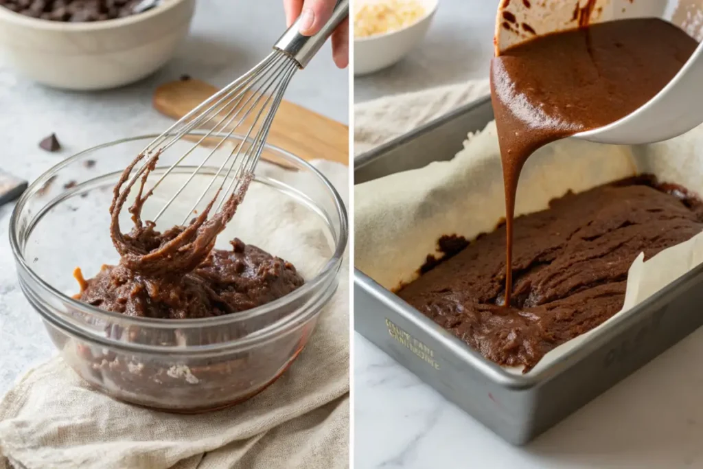 Step-by-step process of making chewy brownie batter.