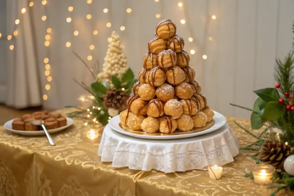 Croquembouche made of cream puffs drizzled with caramel on a festive table.