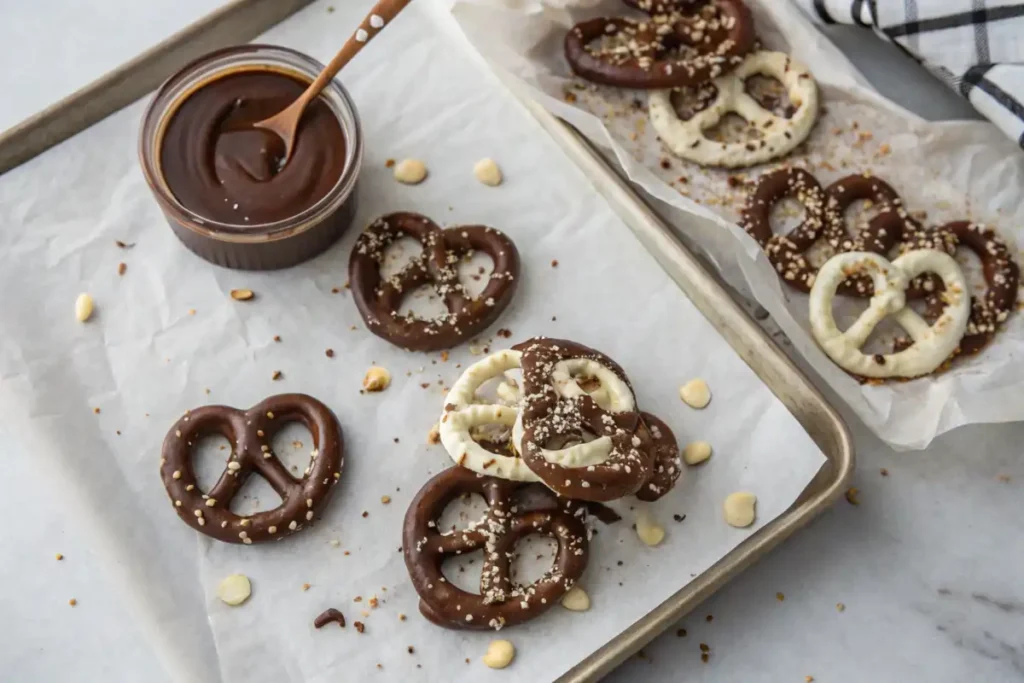 Chocolate-dipped pretzels drizzled with white chocolate and nuts.