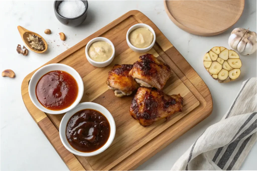 Variety of sauces for chicken thighs on a wooden cutting board