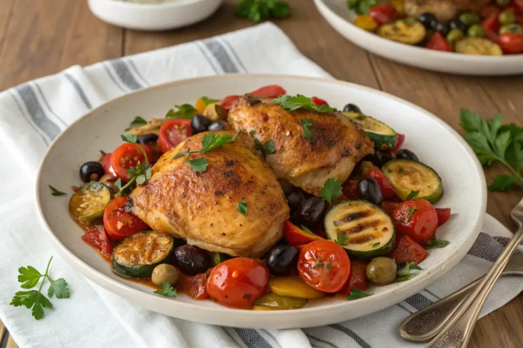 Mediterranean chicken thighs with roasted vegetables on a rustic table.