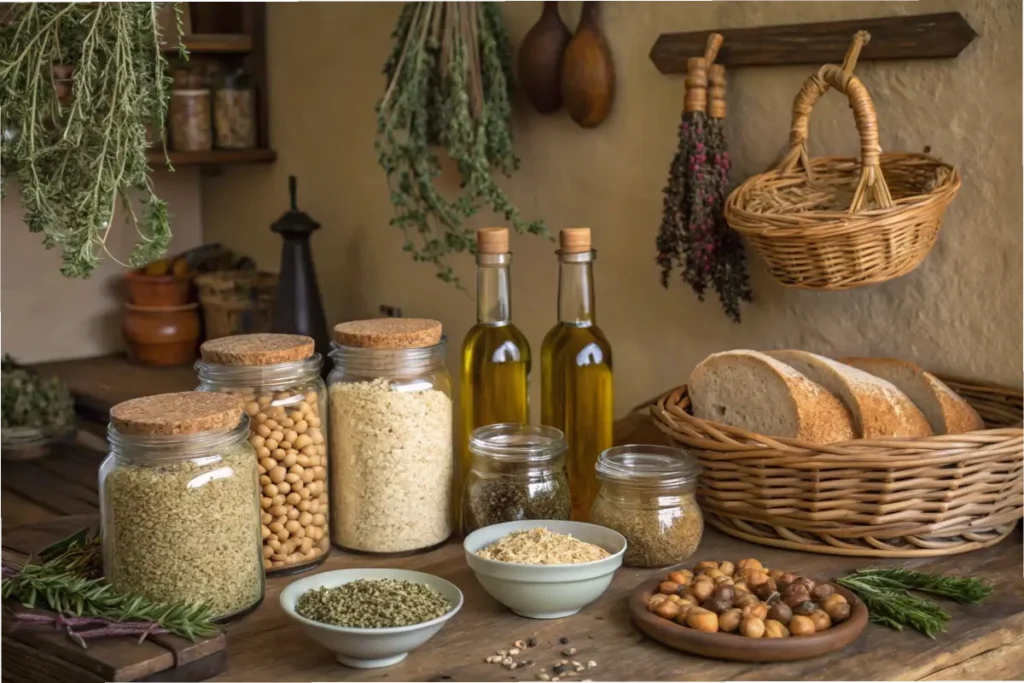 Mediterranean pantry with grains, olive oil, nuts, and dried herbs.