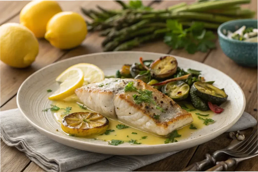 Pan-seared rockfish with lemon butter sauce.