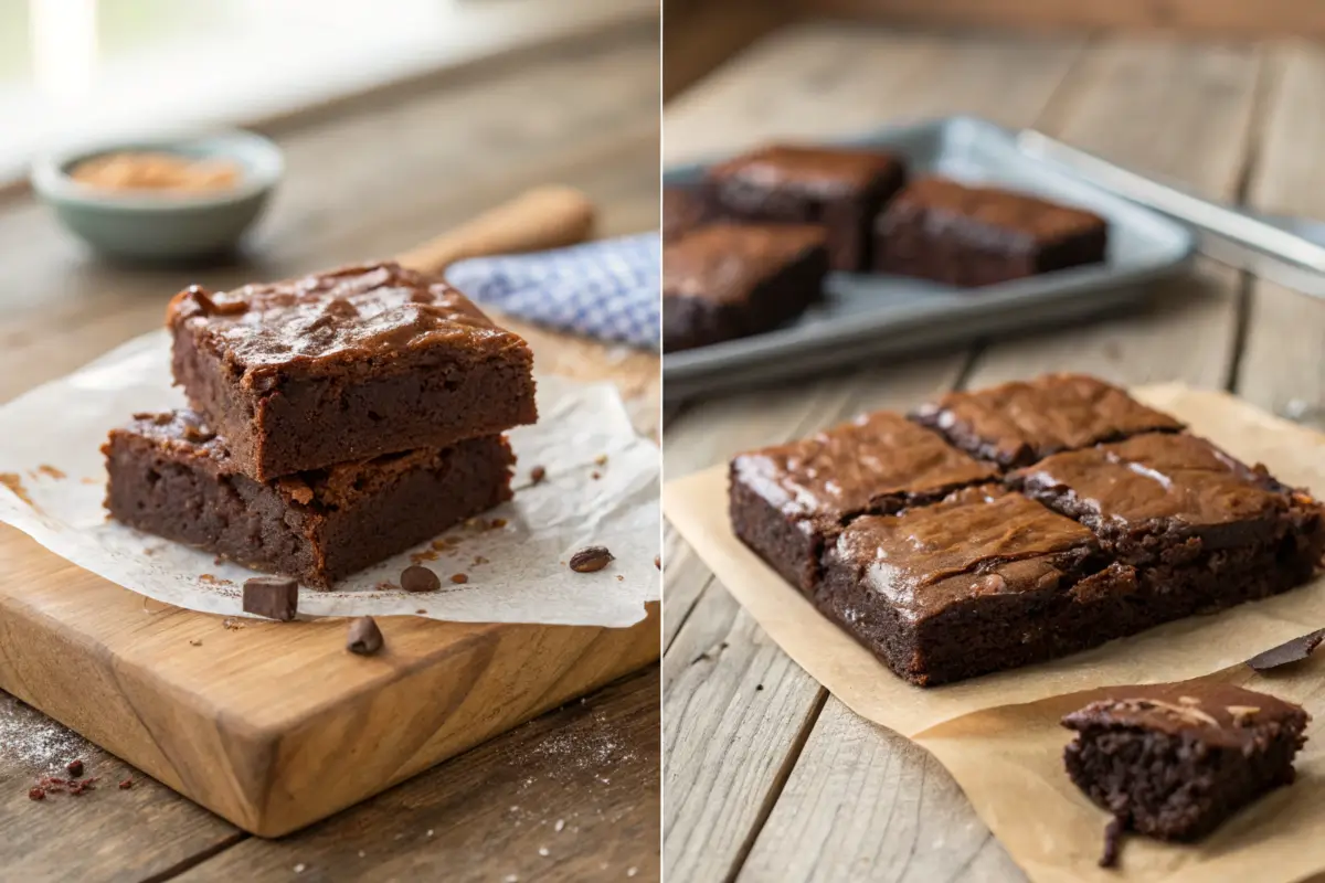 Side-by-side comparison of fudgy and chewy brownies.