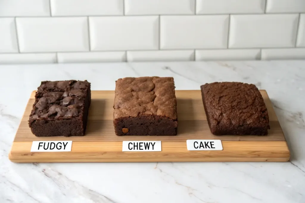 Three brownie textures: fudgy, chewy, and cake-like displayed side-by-side