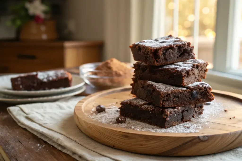 A stack of chewy brownies on a wooden plate with powdered sugar.