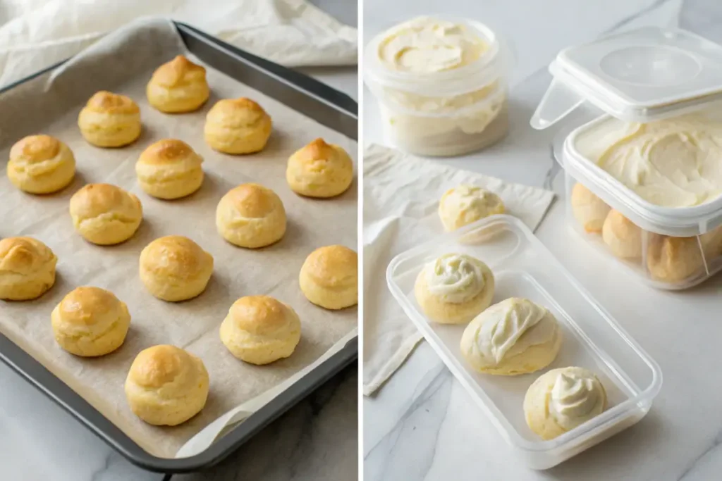 Steps to freeze cream puffs with a baking sheet and airtight containers.