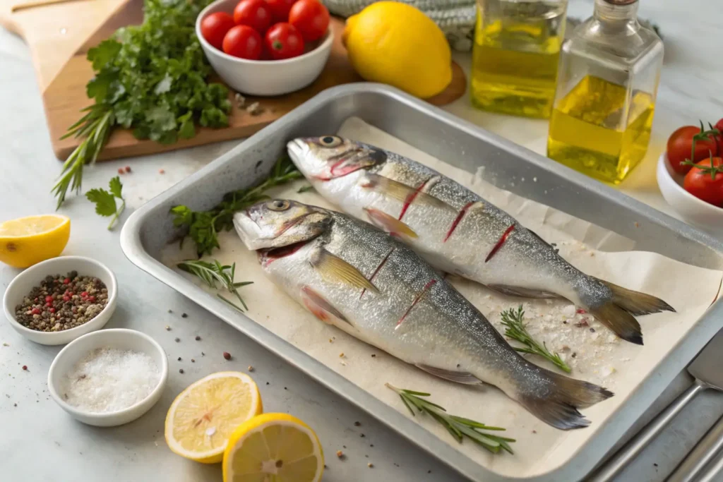 Rockfish being seasoned and scored for grilling.