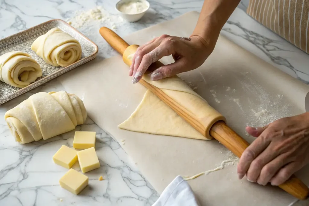 Step-by-step folding process of croissant dough with visible butter layers.